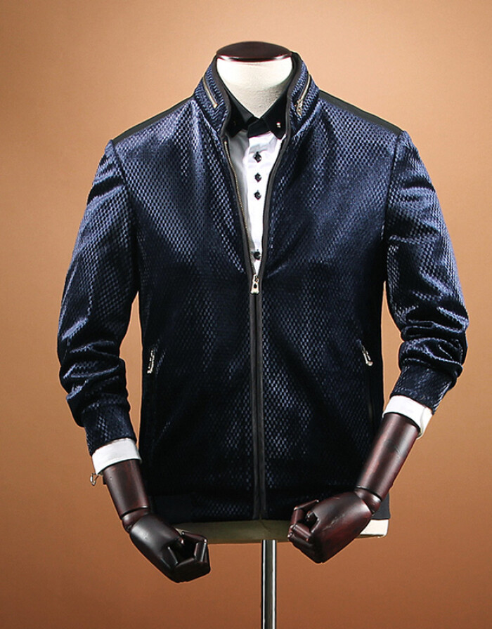 MEERYCO 2015年秋冬新款專柜產(chǎn)品 男士金絲絨韓版格紋PU拼接加厚立領(lǐng)休閑外套 深藍(lán)色 XXXL